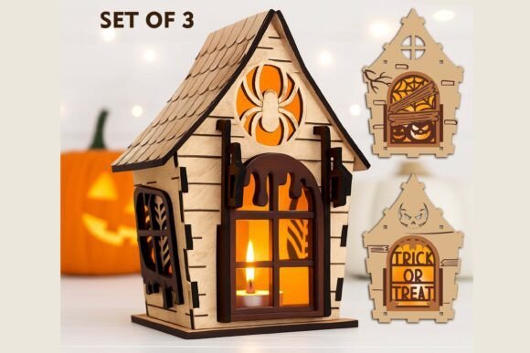 halloween haunted house laser cut lantern