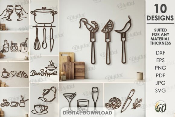 kitchen line art decor laser cut bundle