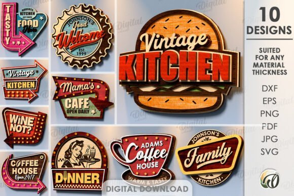 kitchen retro wall decors bundle laser cutting