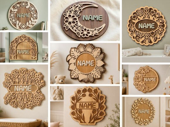 floral nursery name sign laser cut bundle