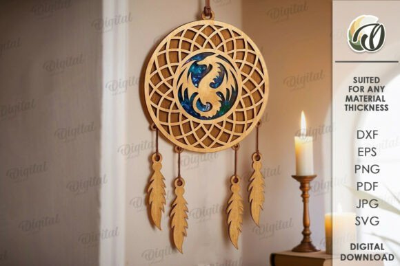 wooden dream catcher dragon laser cut svg