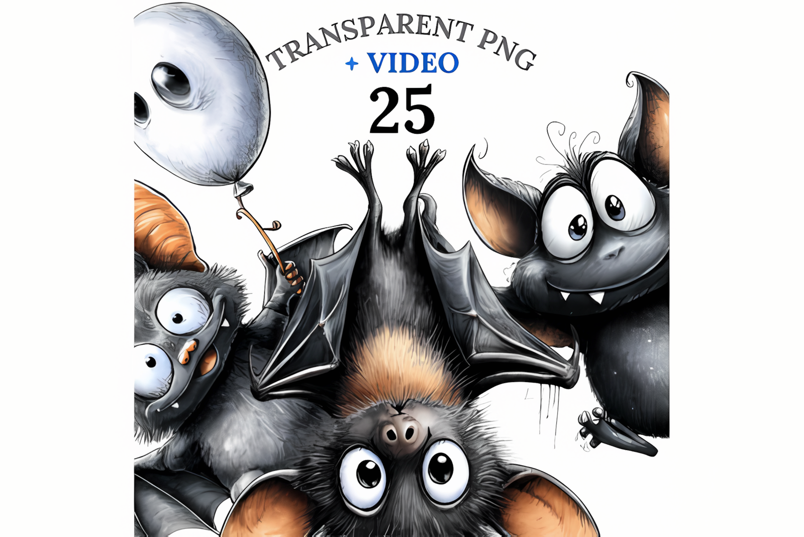 Quirky halloween bat clipart with silly bats sipping coffee and holding balloons