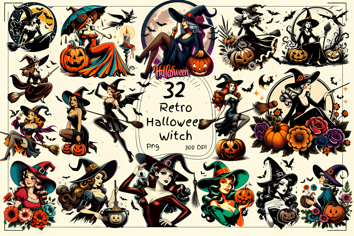Retro 90s vintage halloween witch clipart set with classic spooky aesthetic for printables