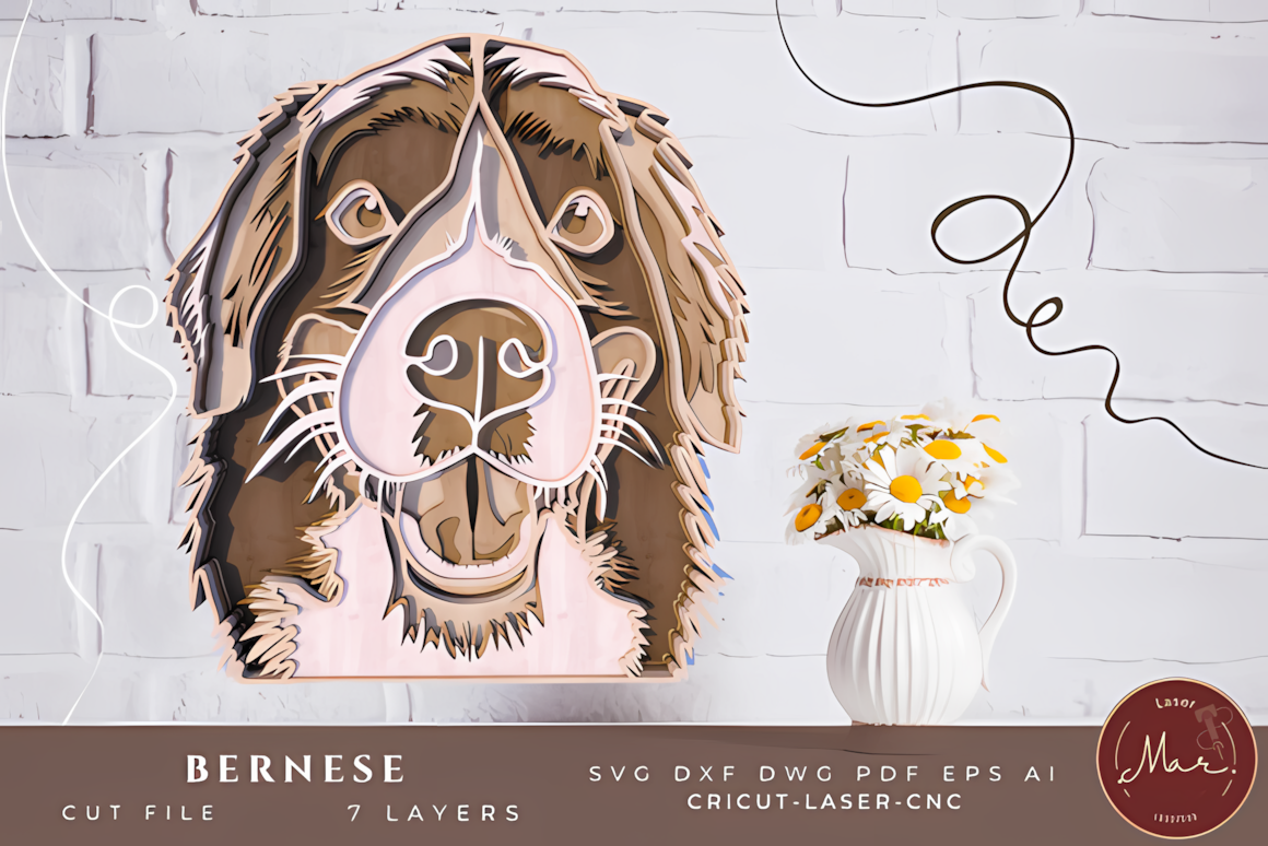 3D multilayered Bernese Mountain Dog laser cut svg wall art, 7 layers