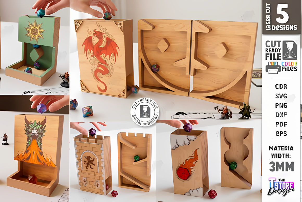 3D RPG dice tower laser cut svg bundle with steampunk gears, dragon and dnd dice tray storage box