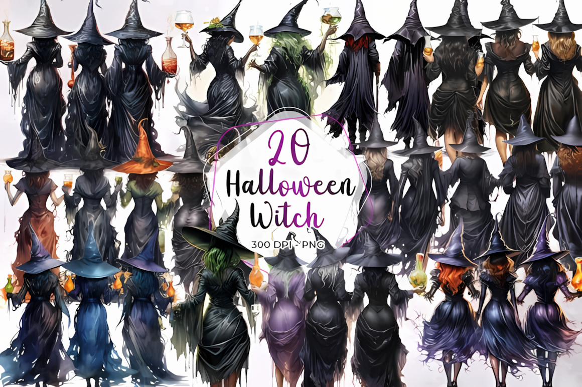 Back view halloween witch clipart illustration with high resolution transparent background for DIY crafts