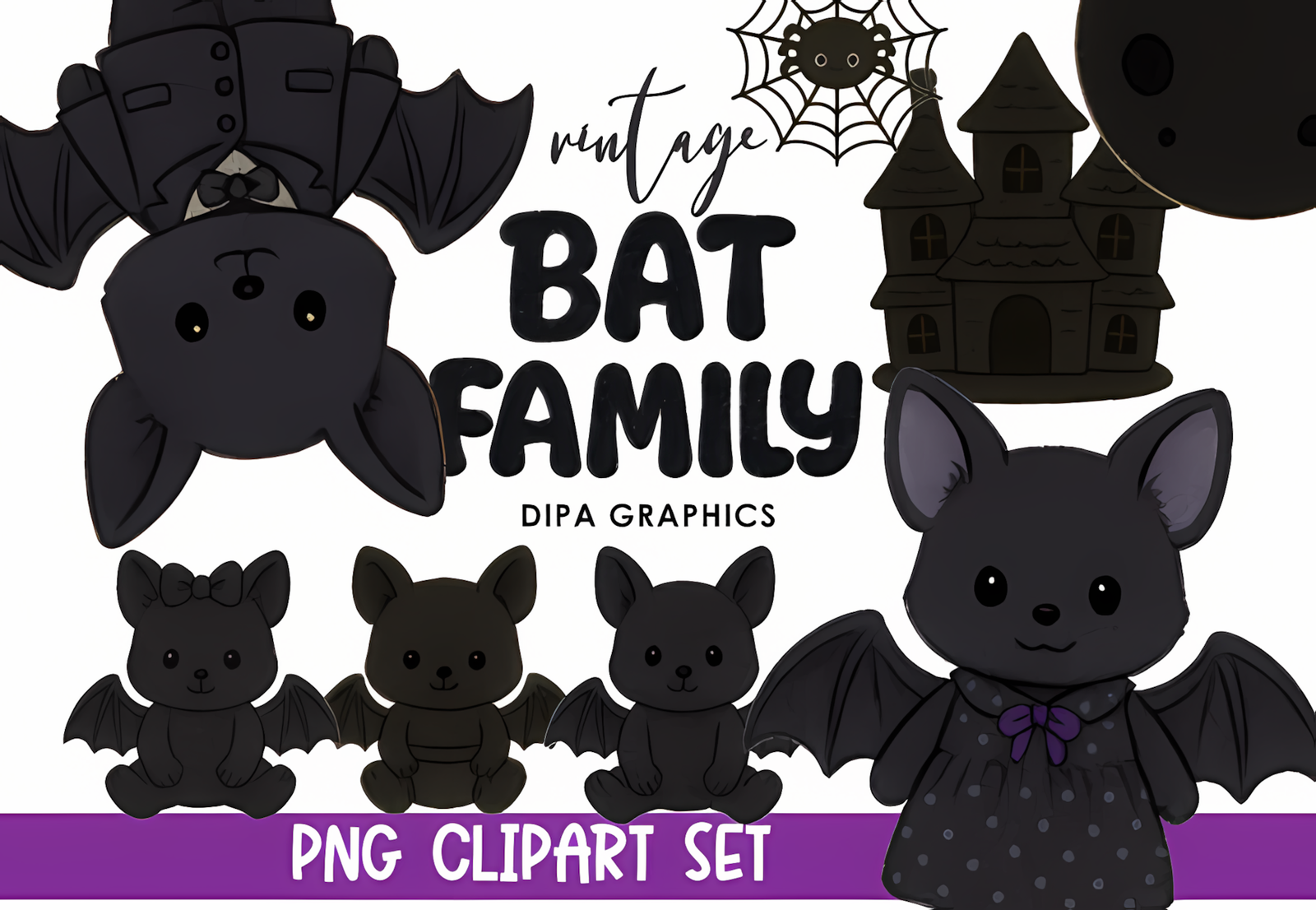 Vintage halloween bat clipart set depicting a cute bat family