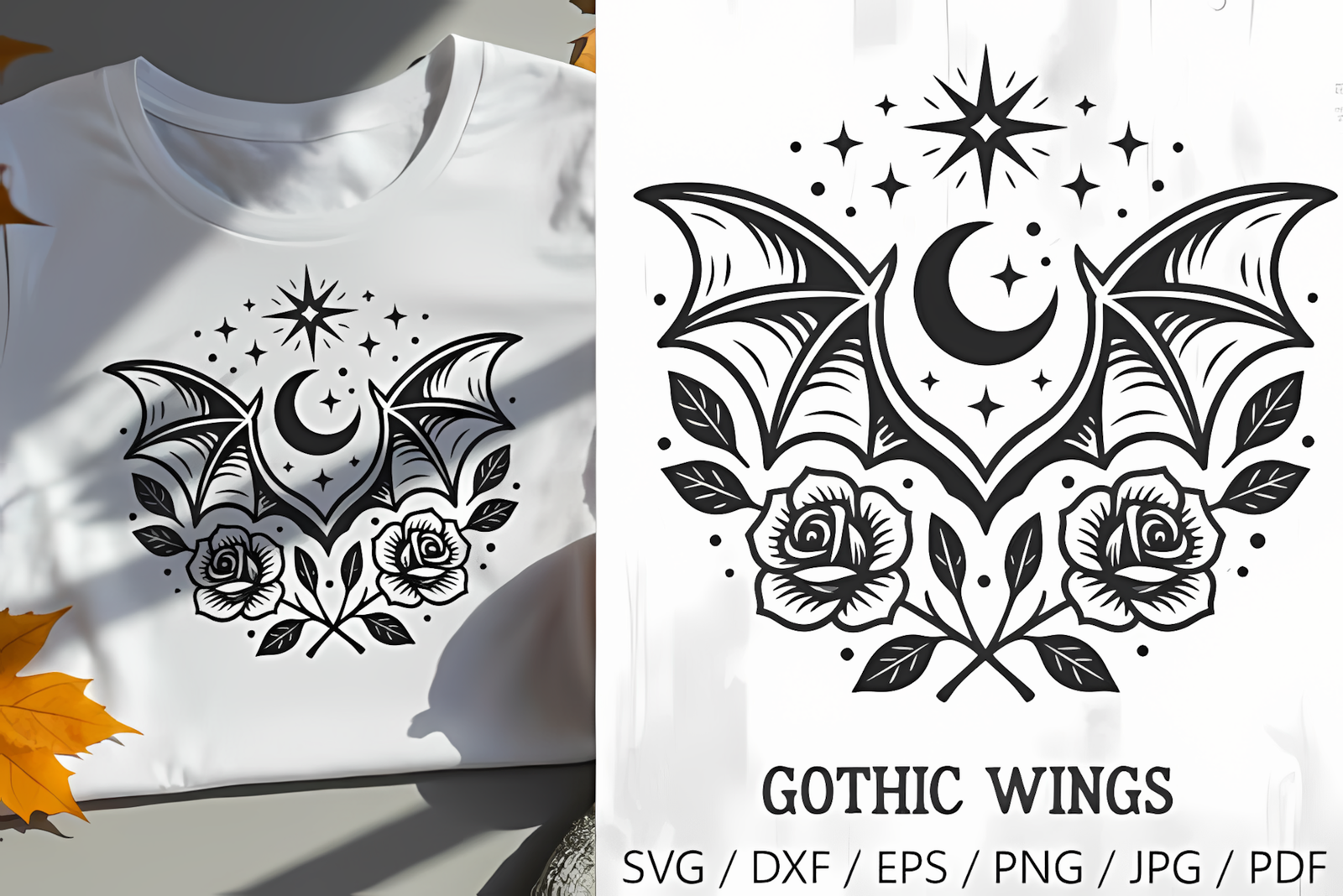 Gothic bat clipart wing silhouette with moon phase and detailed roses