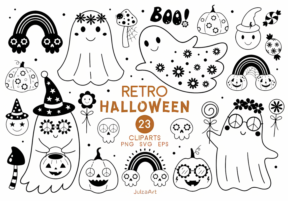 black and white groovy retro halloween ghost png clipart set