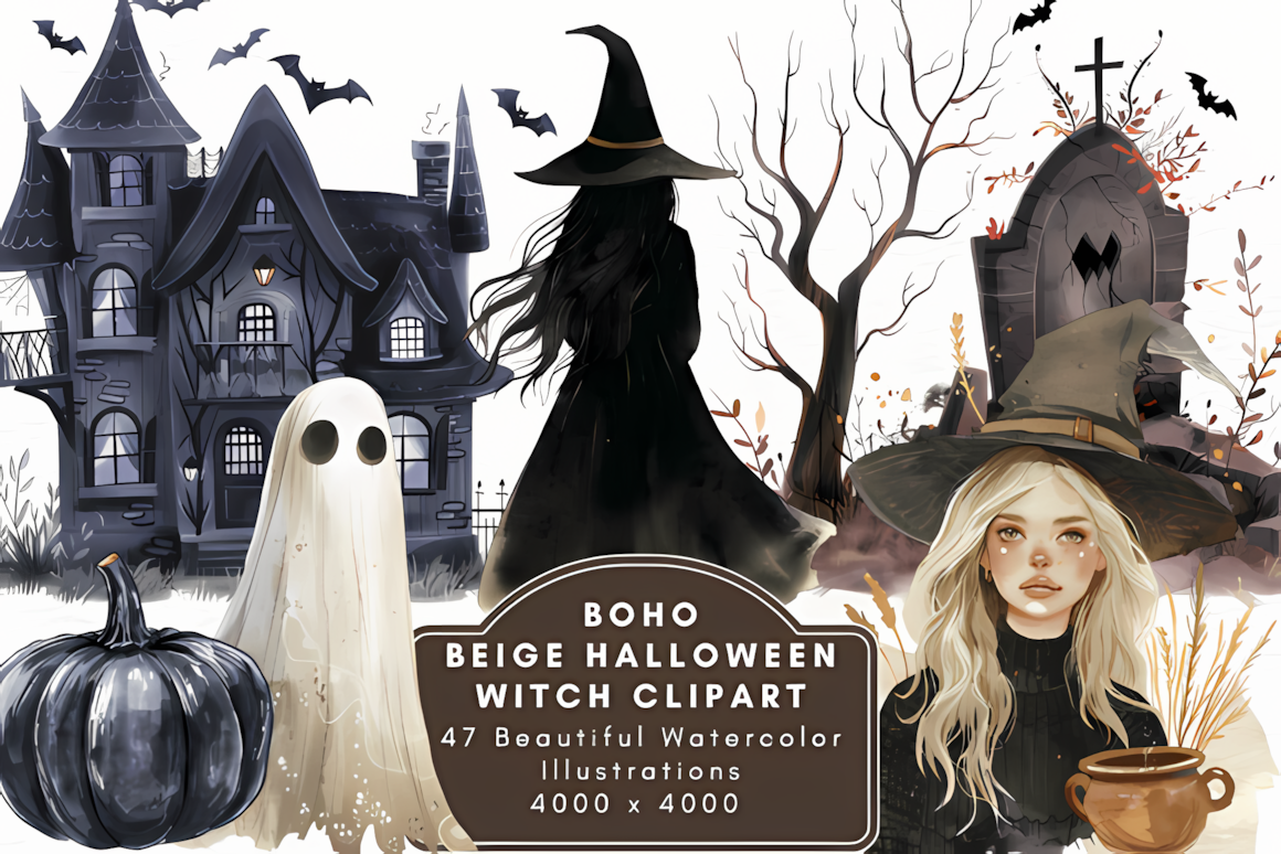 Boho beige halloween witch clipart set in neutral aesthetic tones for digital scrapbooking and wall art