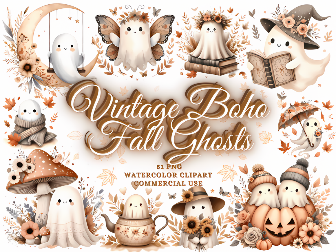 boho fall halloween ghost png clipart with autumn flowers
