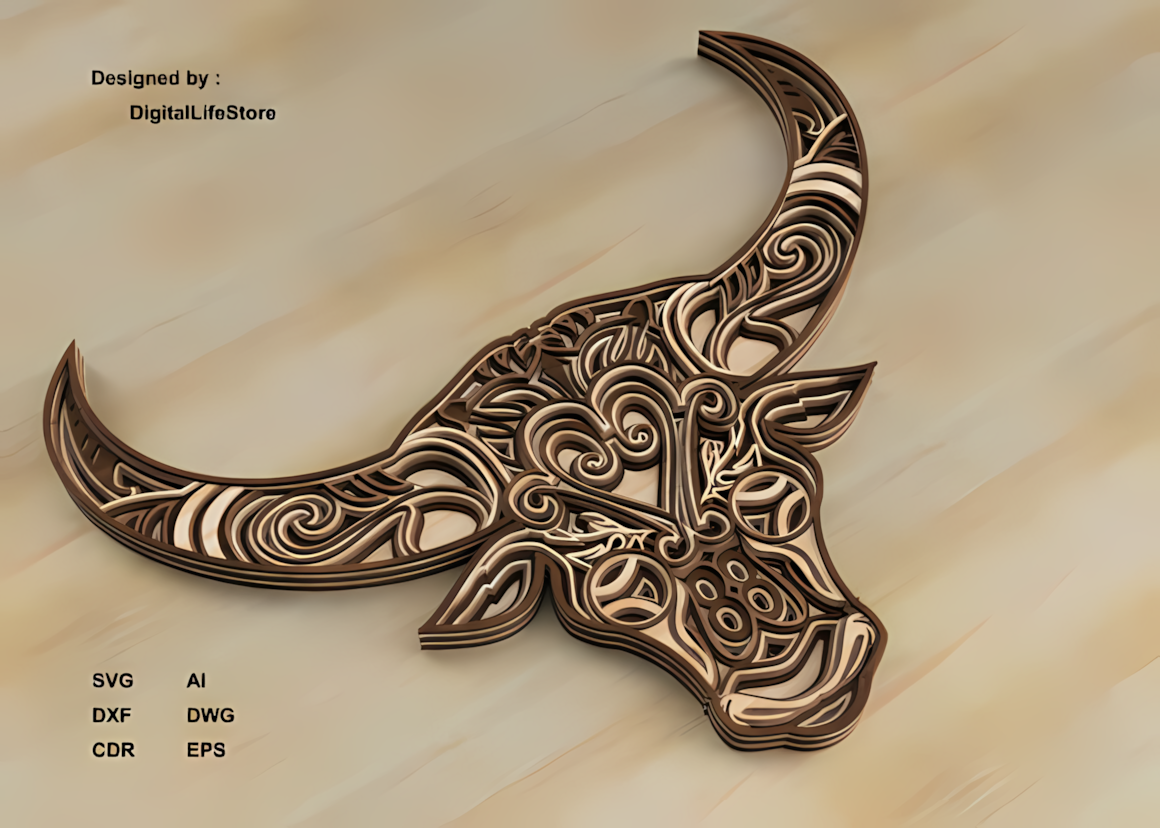 buffalo head mandala 3d layered wall art laser template