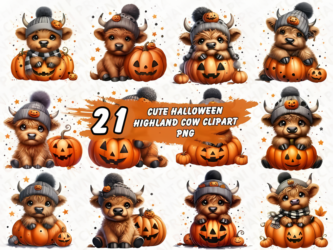 cute halloween pumpkin clipart with highland cow