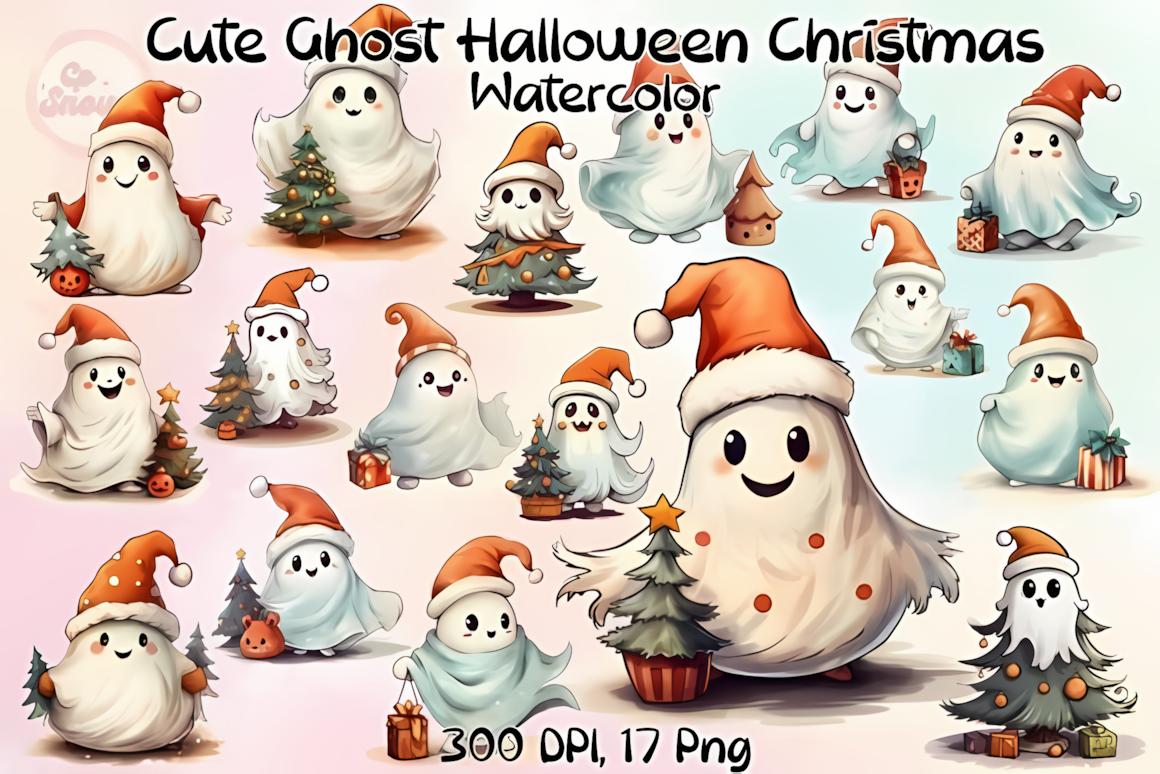 cute retro ghost clipart christmas and halloween hybrid set