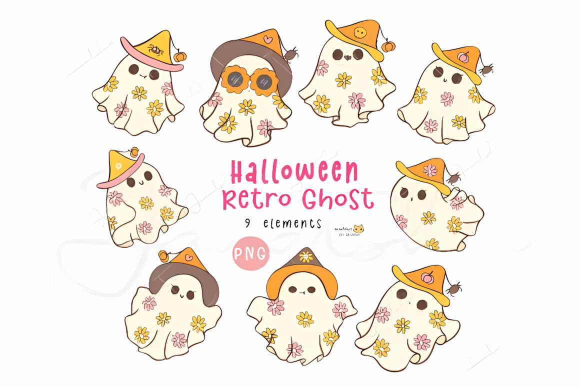 cute retro ghost clipart with daisy kawaii halloween doodle design