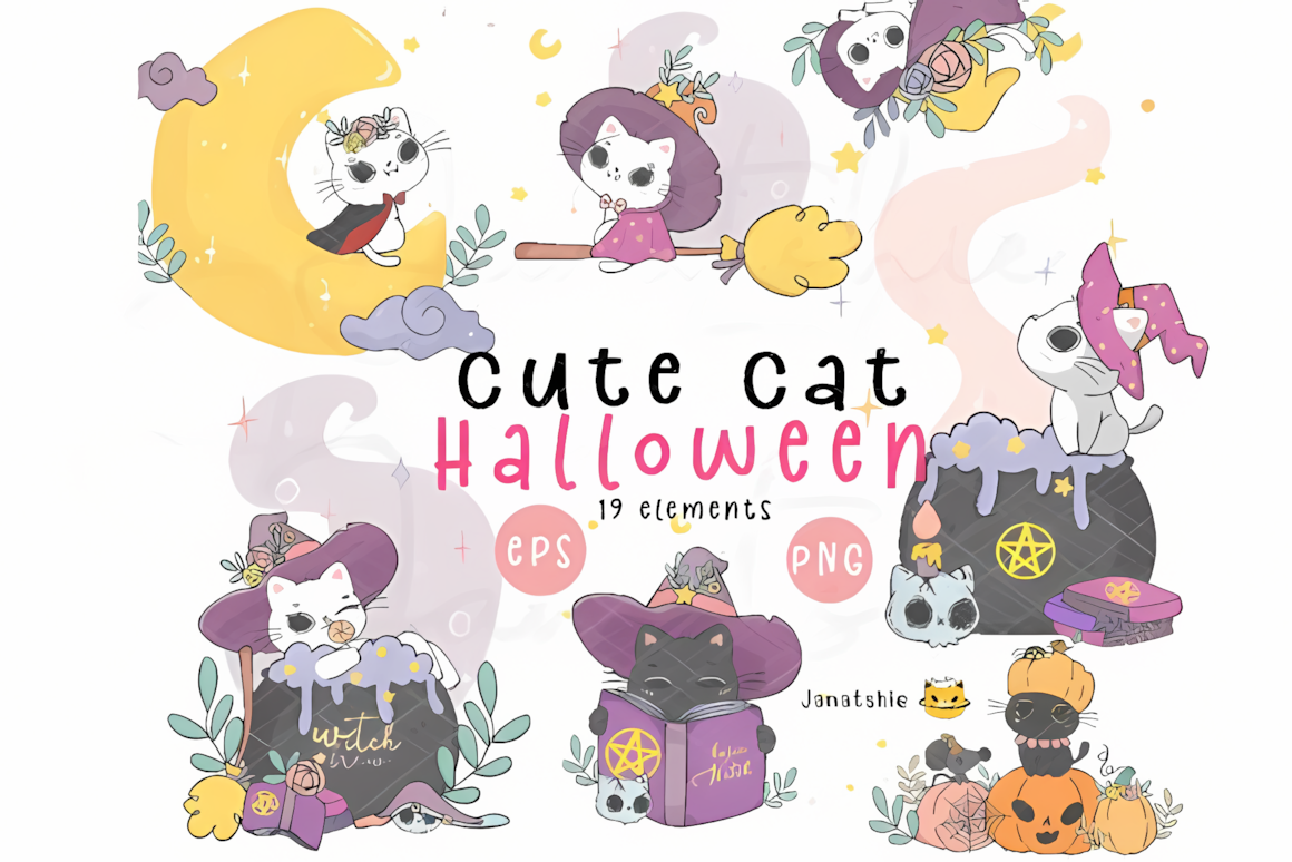 Cute halloween witch png set featuring magic black cats for mugs, stickers, and planner layouts