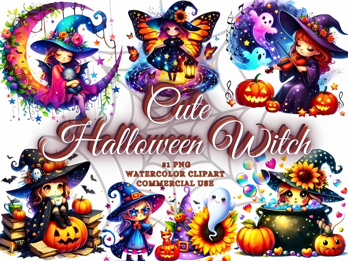 Cute halloween witch png sticker bundle with spooky journals, pumpkins, and playful characters