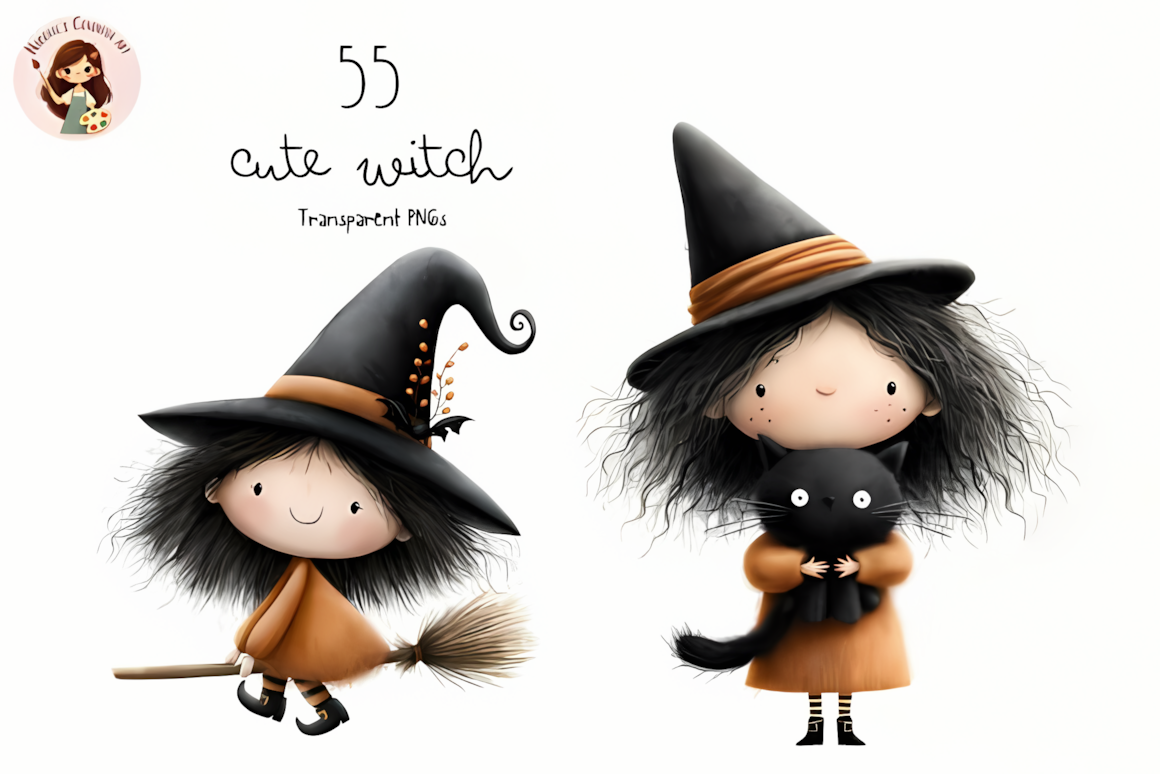 Cute halloween witch png graphics with sweet little witch characters holding pumpkins
