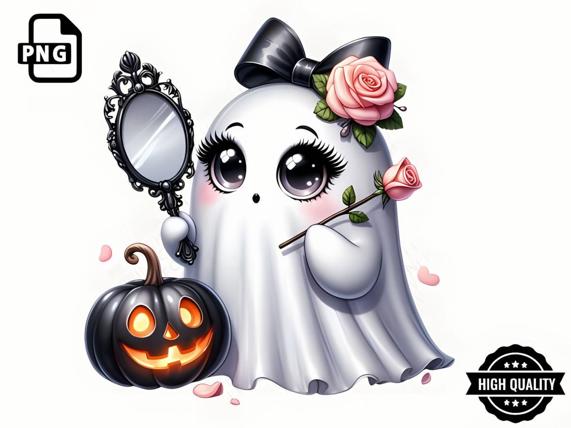 cute pink ghost holding halloween pumpkin clipart png