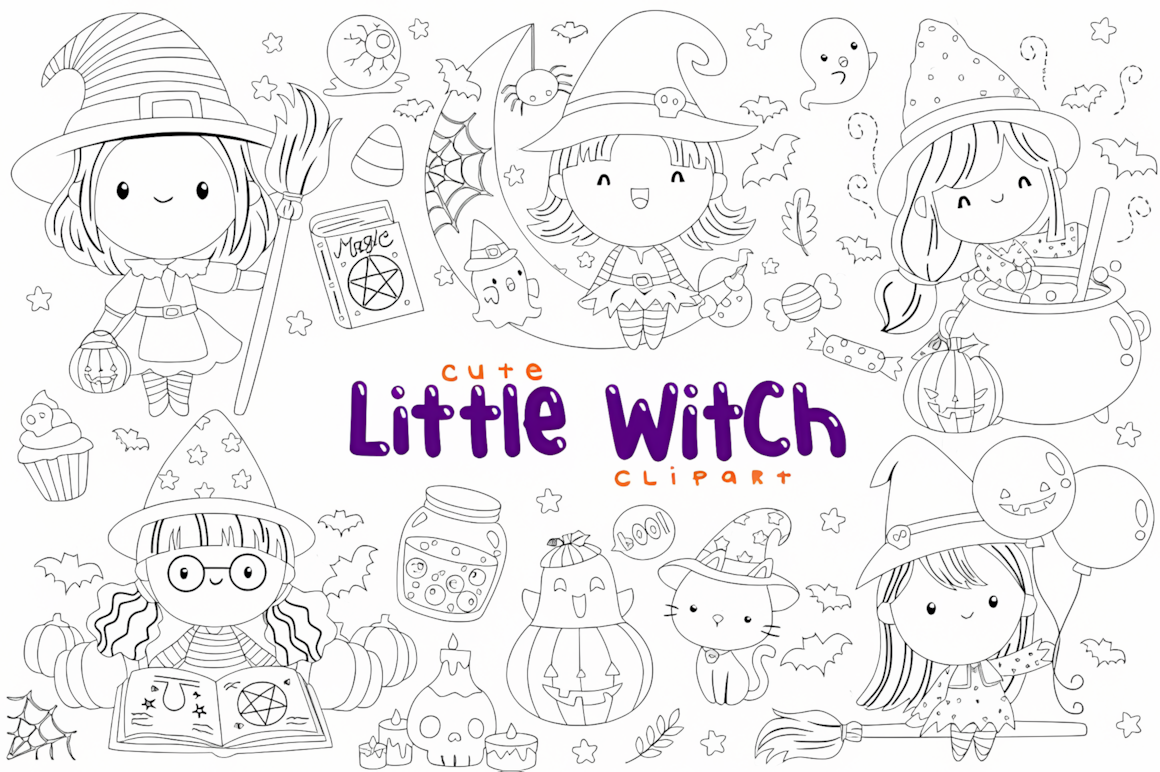 Cute halloween witch png outline clipart for coloring pages, stickers, and party invitations