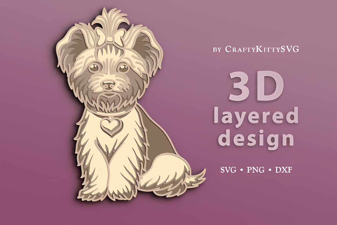 Cute Yorkie dog 3D layered svg cut file for laser cut wall decor