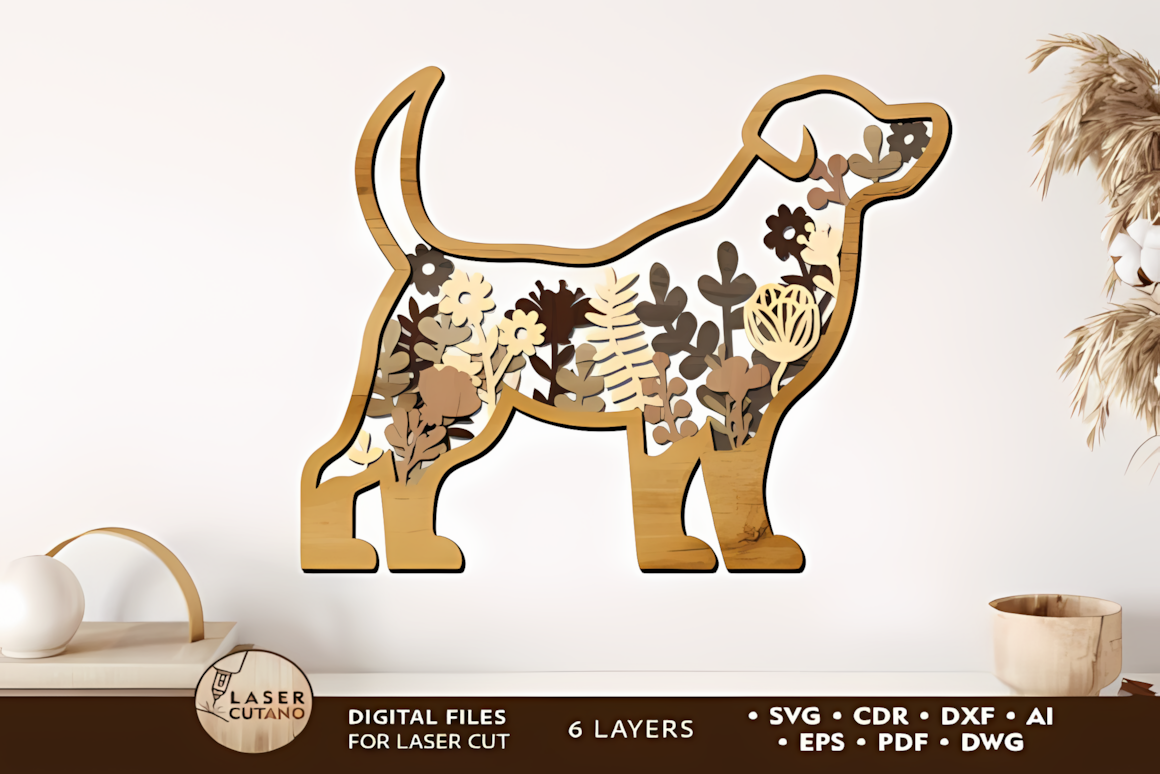 Decorative dog wall panel laser cut svg with ornamental flower pattern, 6-layer design