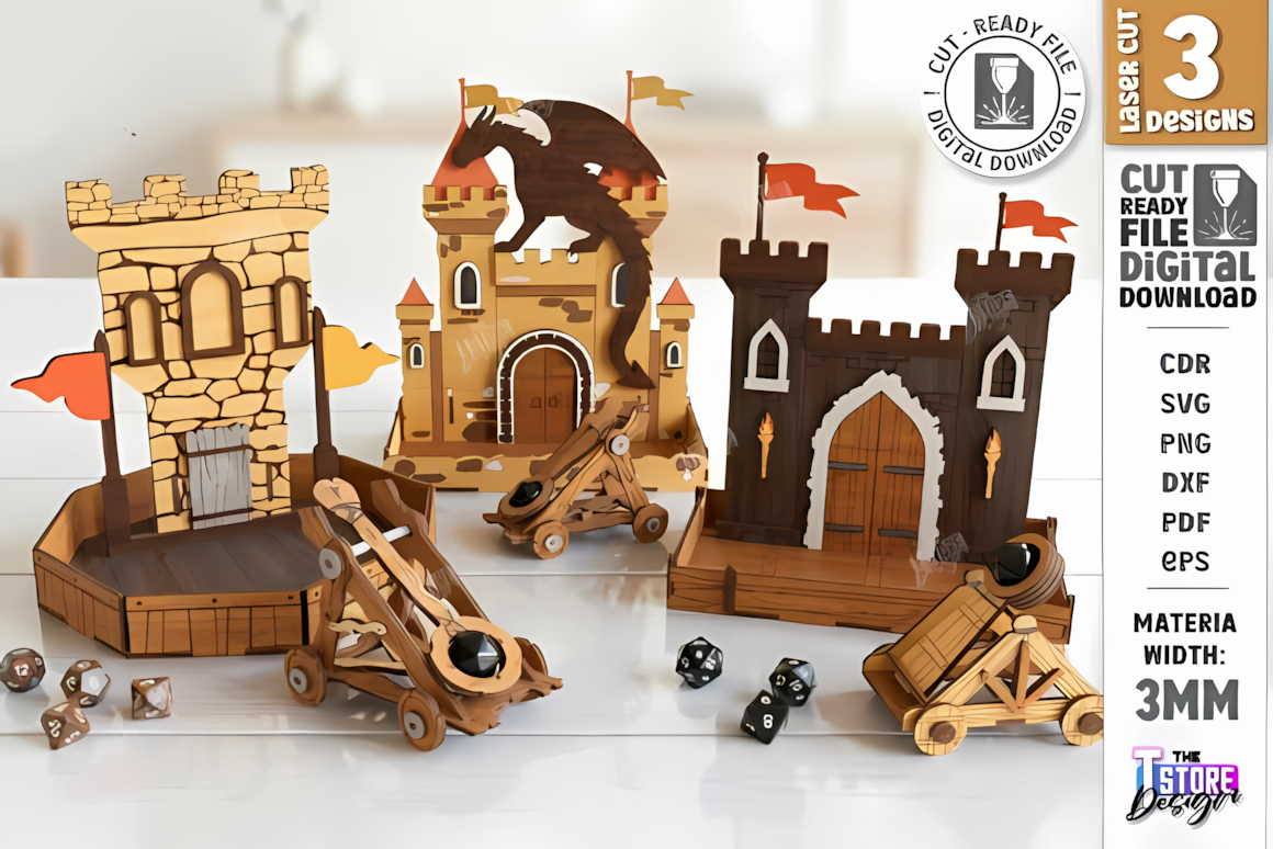 Dice catapult laser cut svg file, medieval castle siege engine as a dnd dice tower alternative