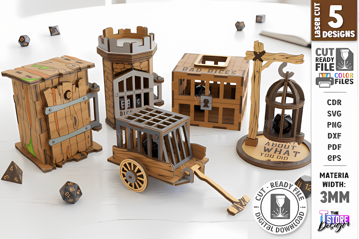 Dice jail laser cut svg bundle, miniature prisoner cage bad dice box for DnD tabletop gaming