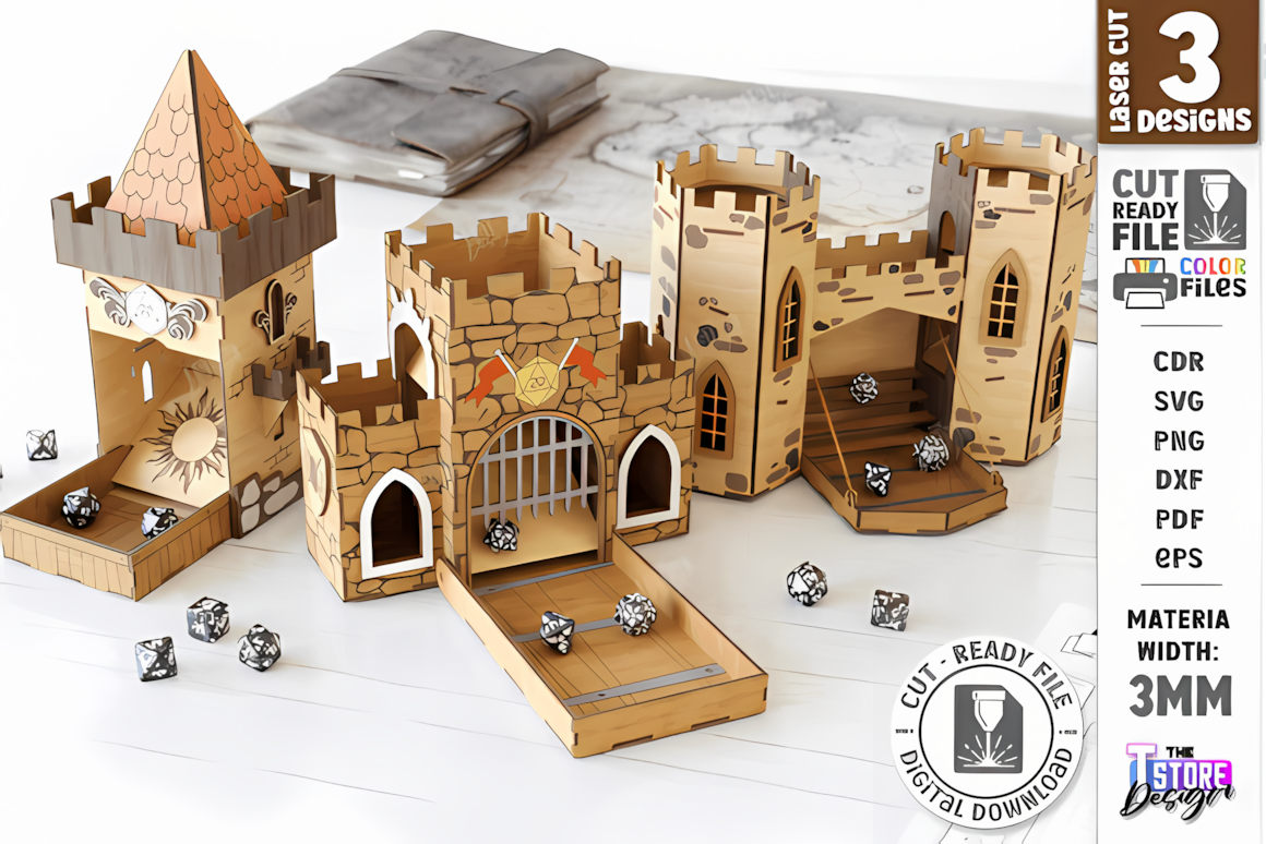 Castle dice tower laser cut svg bundle, interlocking 3D plywood dice box for DnD board games