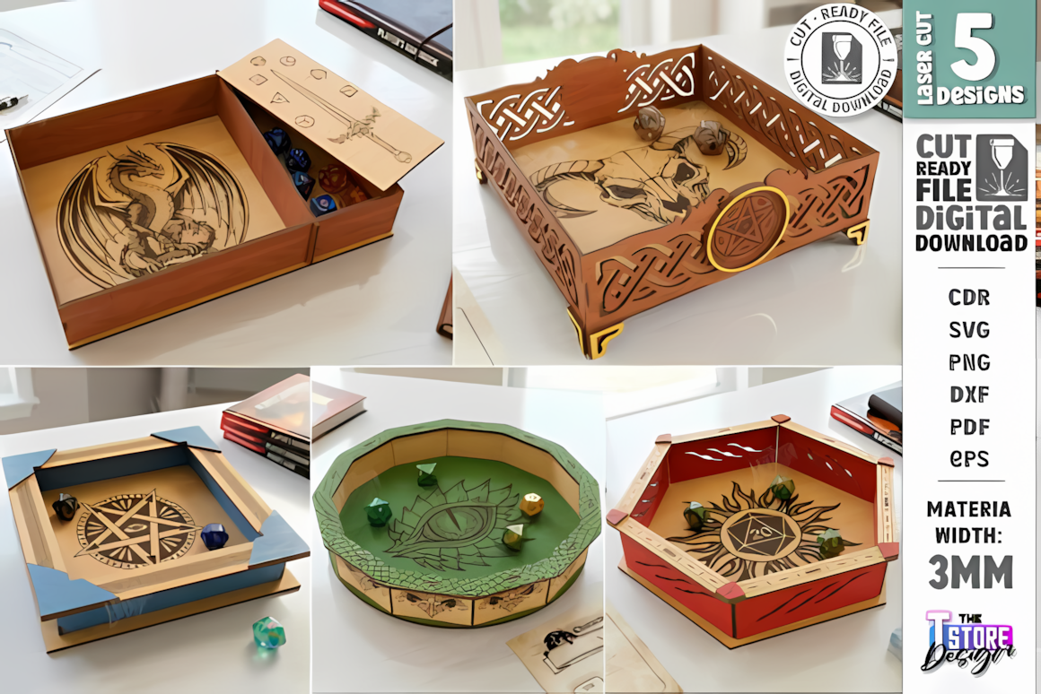 Round wooden dice tray and box laser cut with engraved dragon and wolf design for DnD tabletop gaming