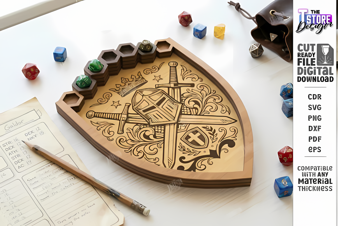 DnD dice tray laser cut svg file with dragon and skull engraved hexagon design