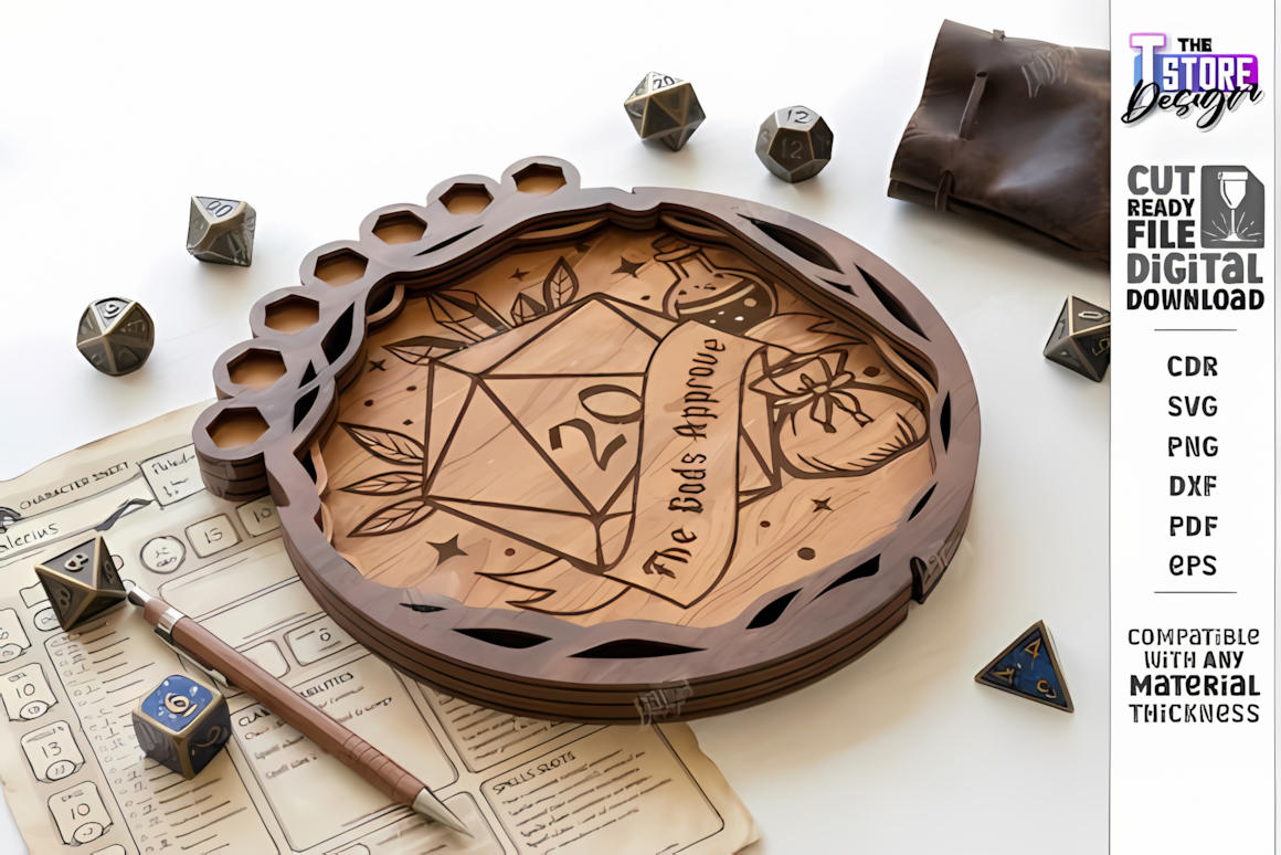 Dice holder laser cut svg file, hexagon dnd dice tray cnc plan with dragon and skull engraving