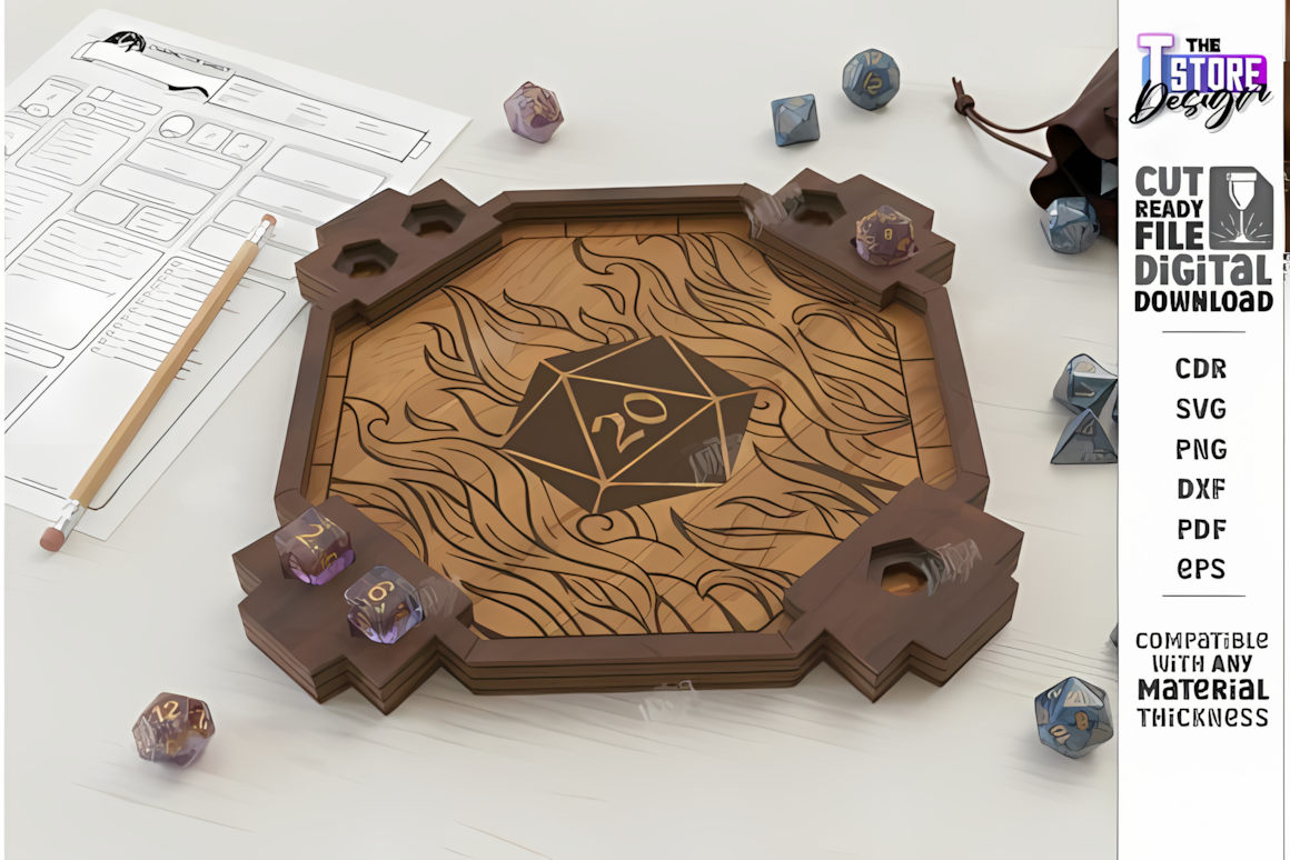 Hexagon dice tray laser cut svg dice holder file with engraved dragon and skull design