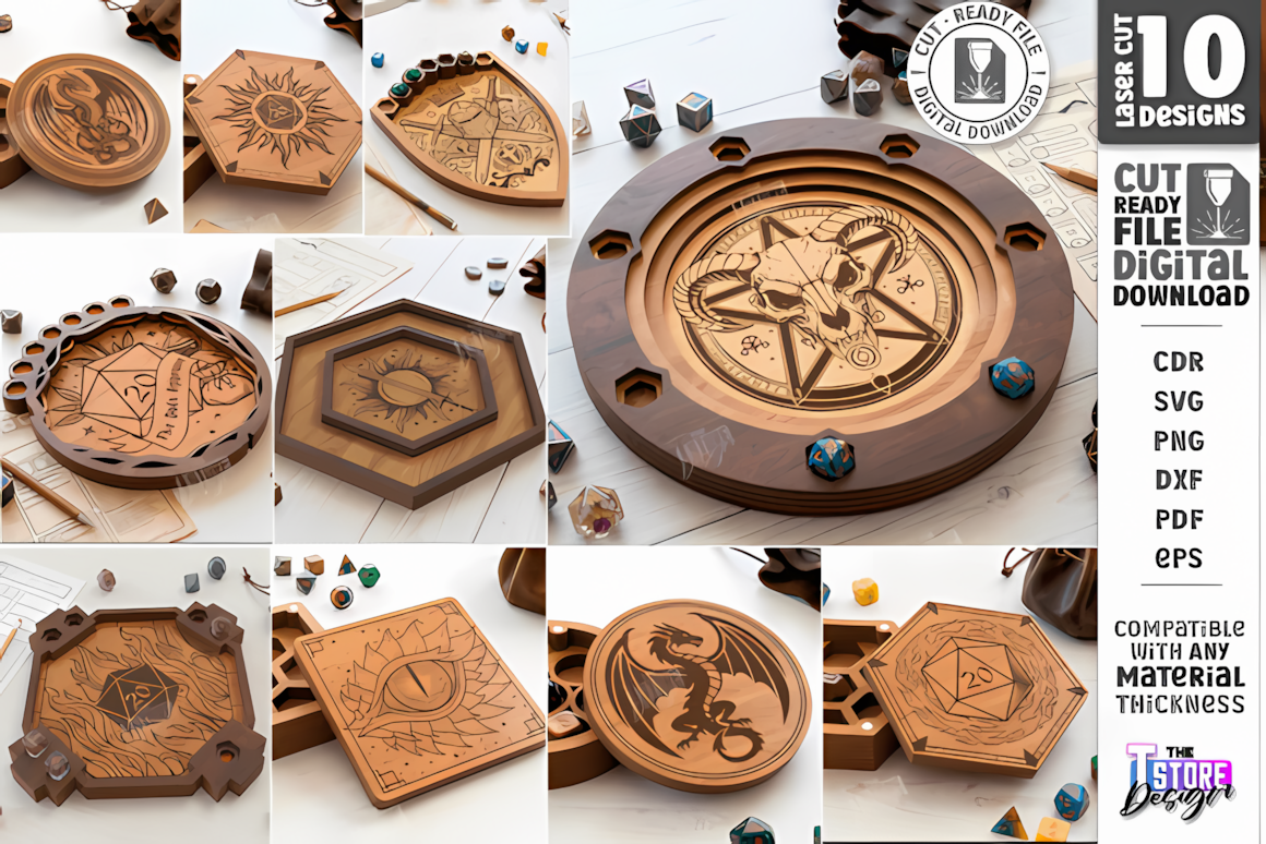 DnD dice tray laser cut svg bundle with engraved dragon, wolf and Viking compass design