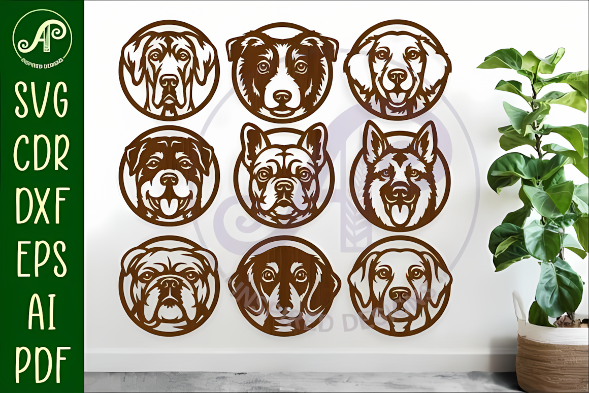 Dog breed wall art laser cut svg bundle featuring 9 popular dog breeds in a circle frame