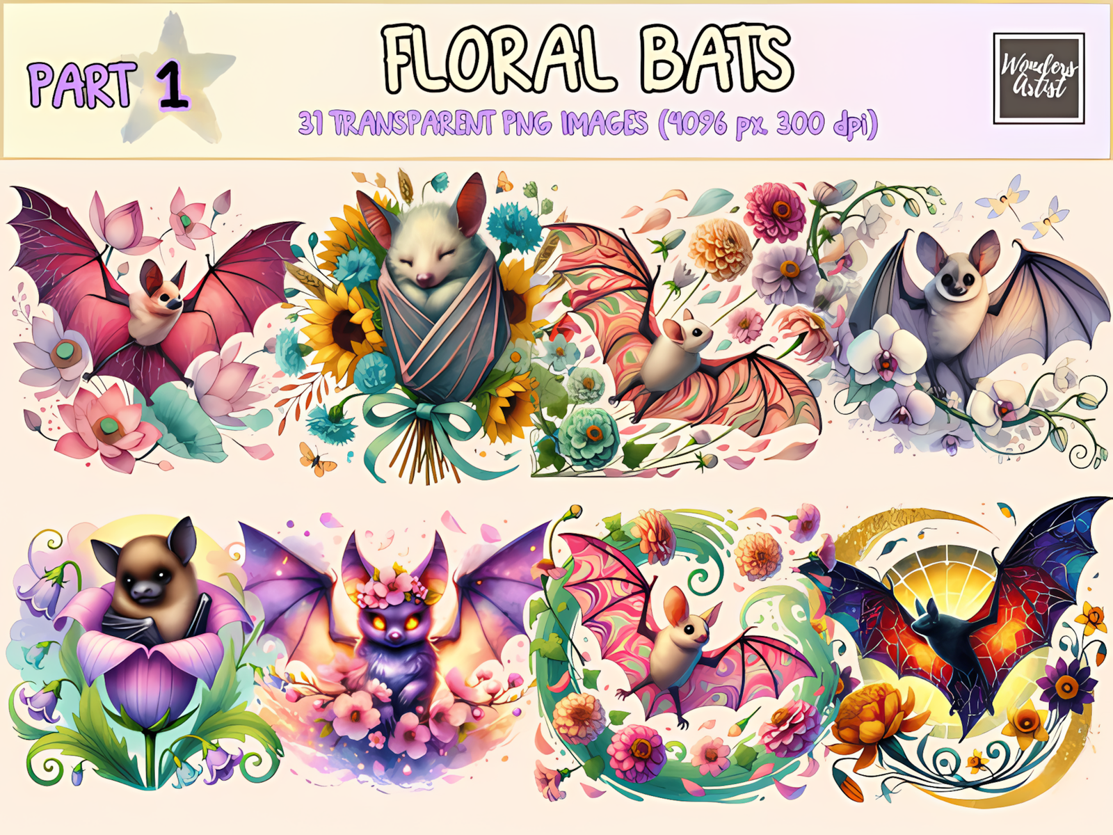 Gothic bat clipart design adorned with botanical floral details