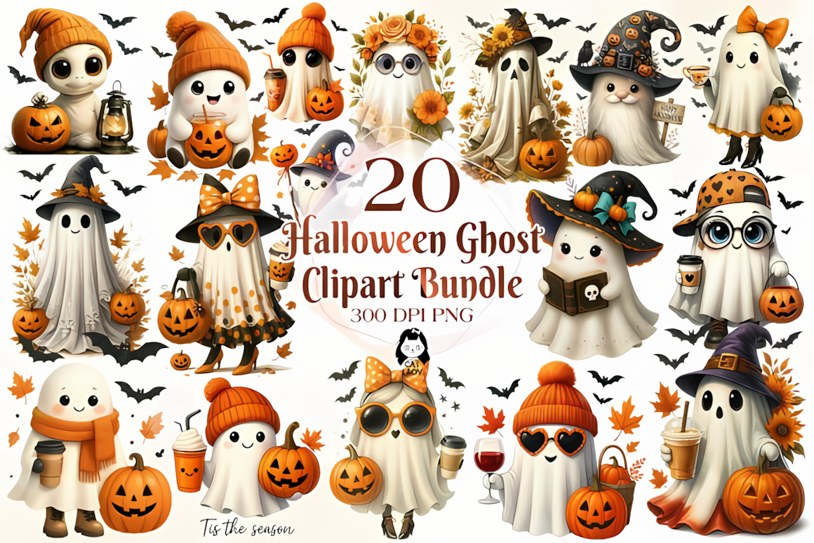 retro halloween ghost clipart with funny spooky ghosts for fall crafts