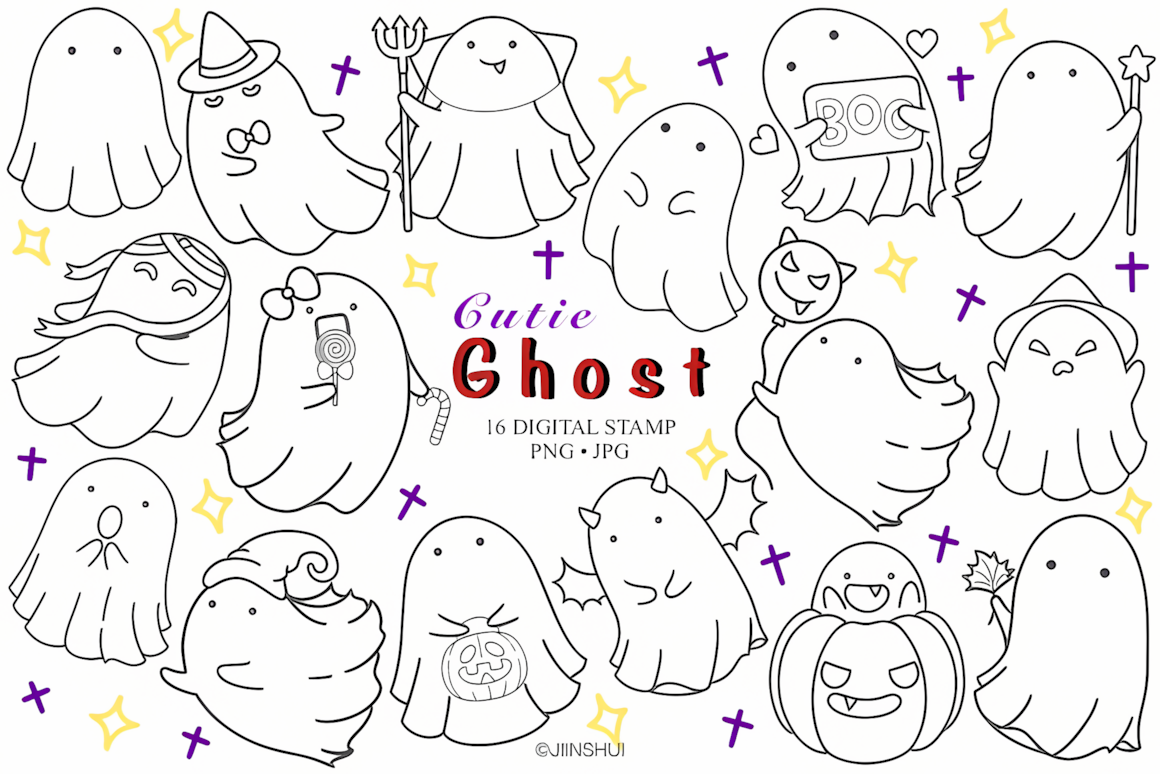 retro halloween ghost clipart digital stamp outline and white filled set