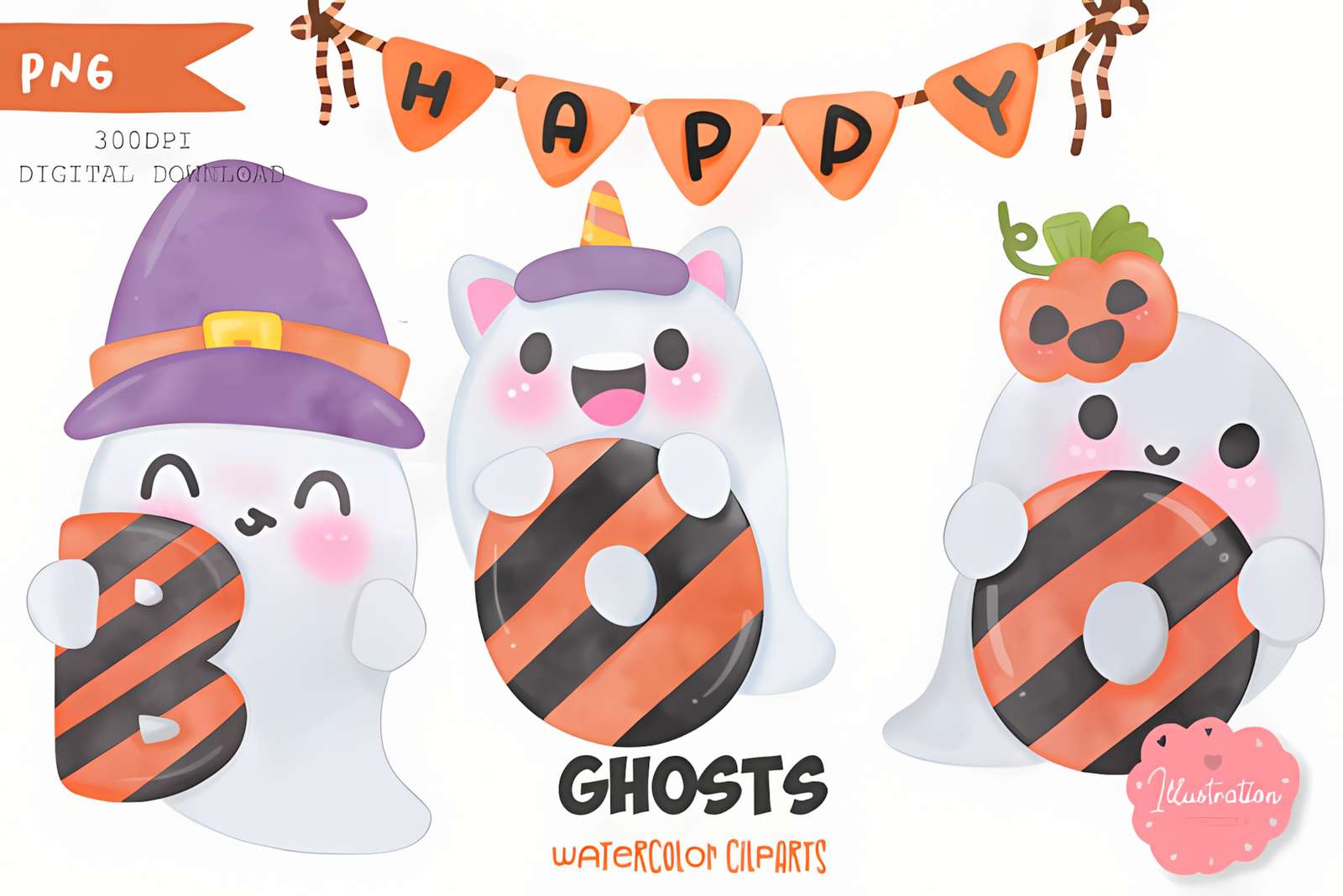 kawaii halloween ghost watercolor doodle graphic with trick or treat theme