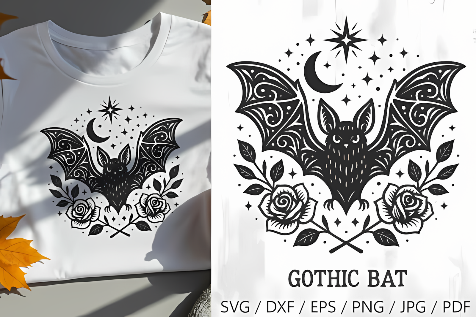 Gothic bat clipart artwork with moon and red roses design