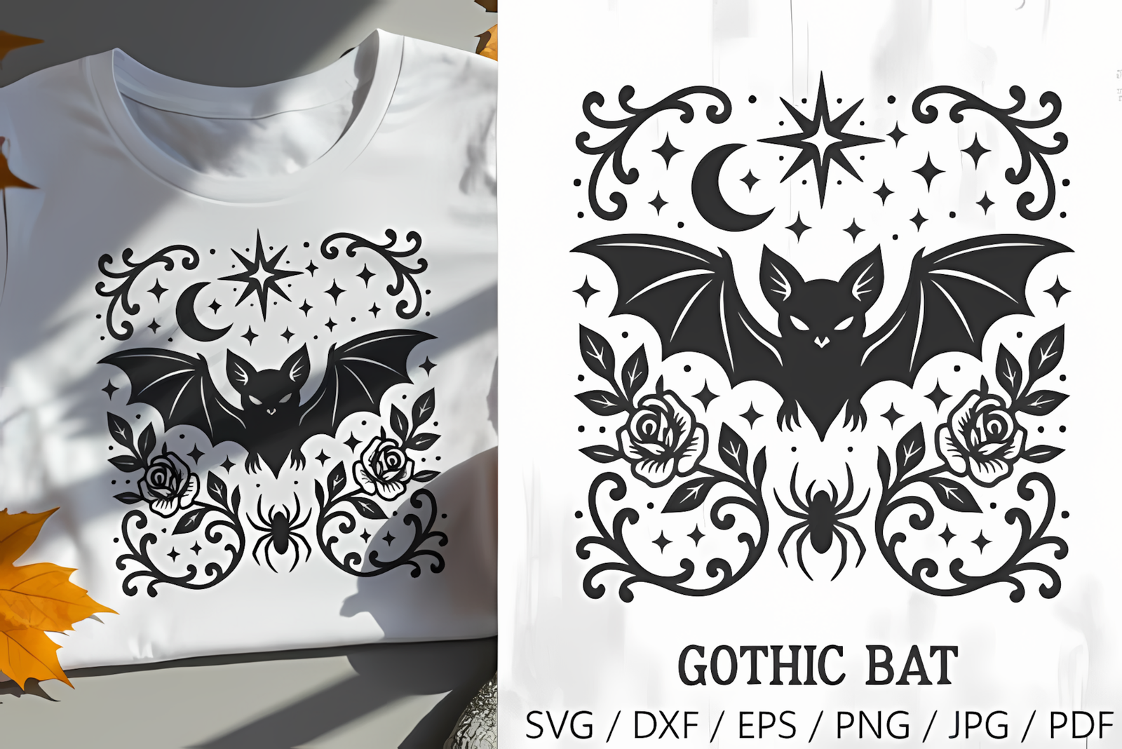 Gothic bat clipart illustration featuring roses, full moon, and spider web