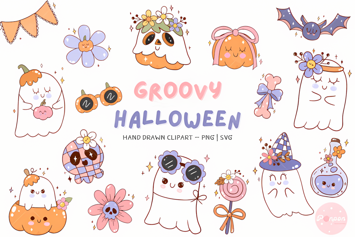 cute retro ghost clipart png set with groovy halloween elements