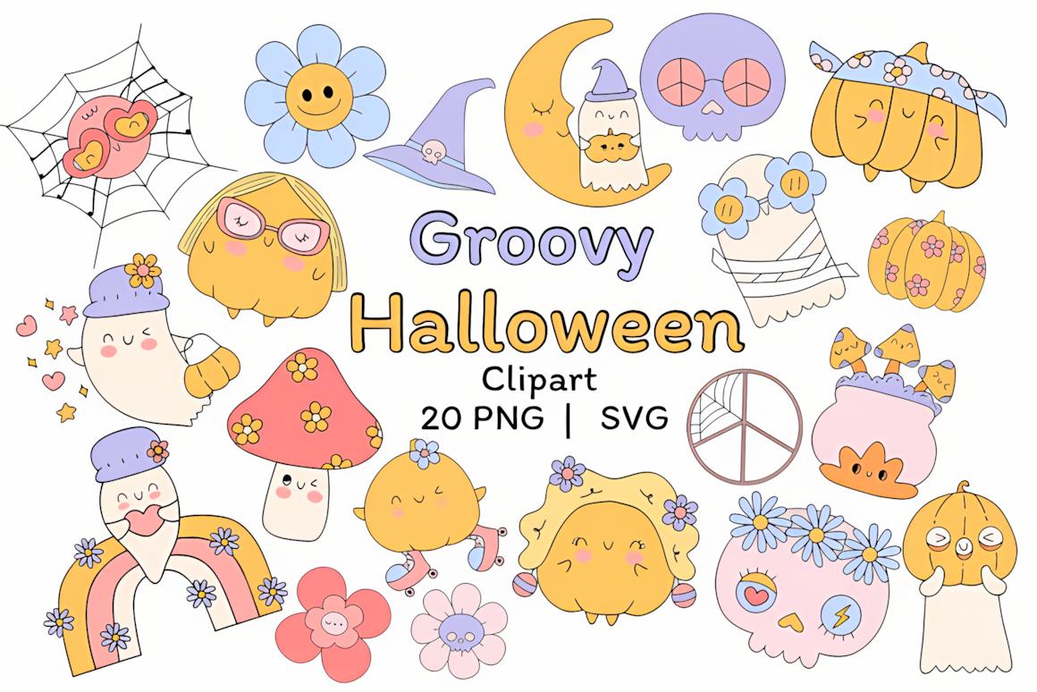 groovy retro halloween ghost clipart vector with cute pumpkin