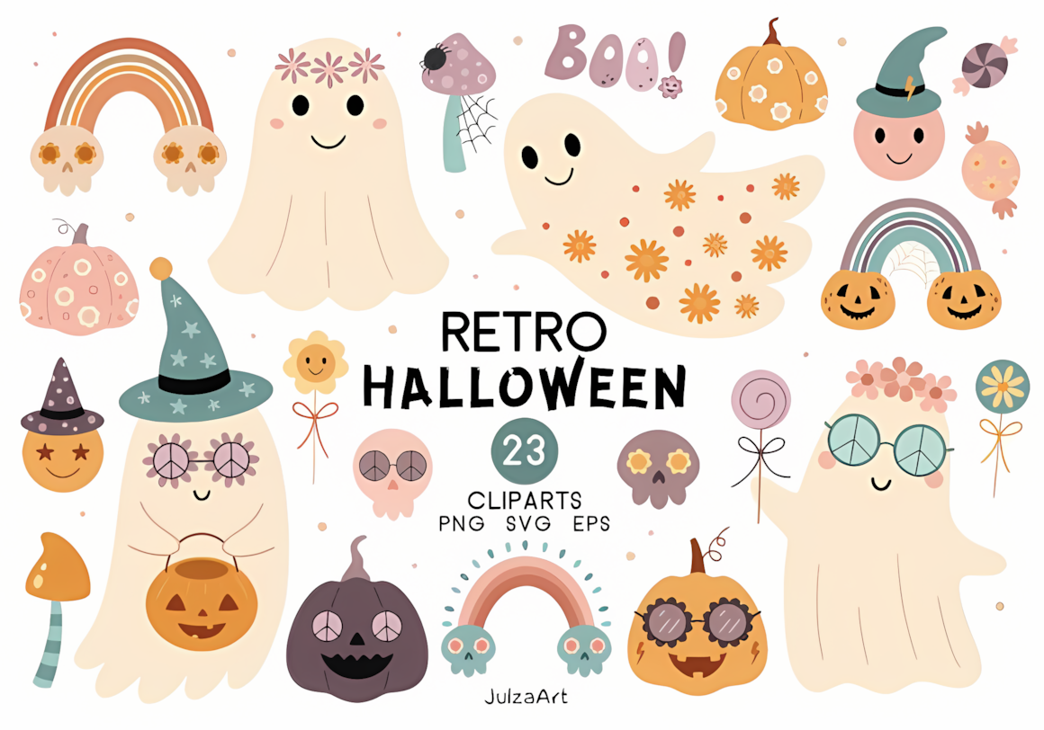 groovy retro halloween ghost clipart set with pumpkins and mushrooms