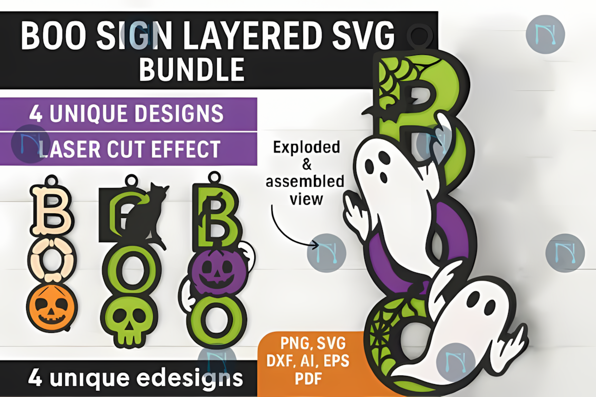 plywood boo 3d layered halloween ornament cut file