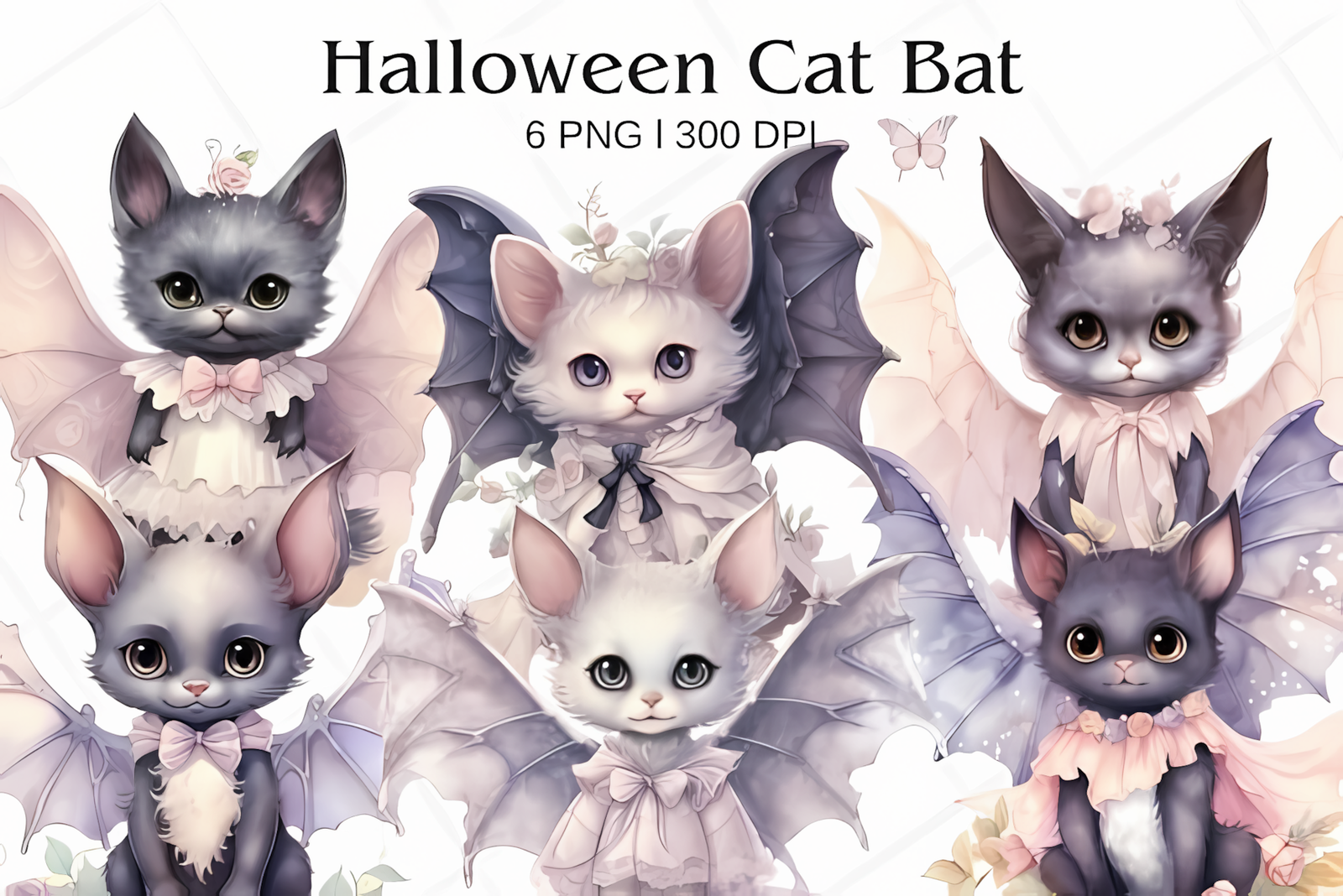 Watercolor halloween bat png illustration with a black cat companion