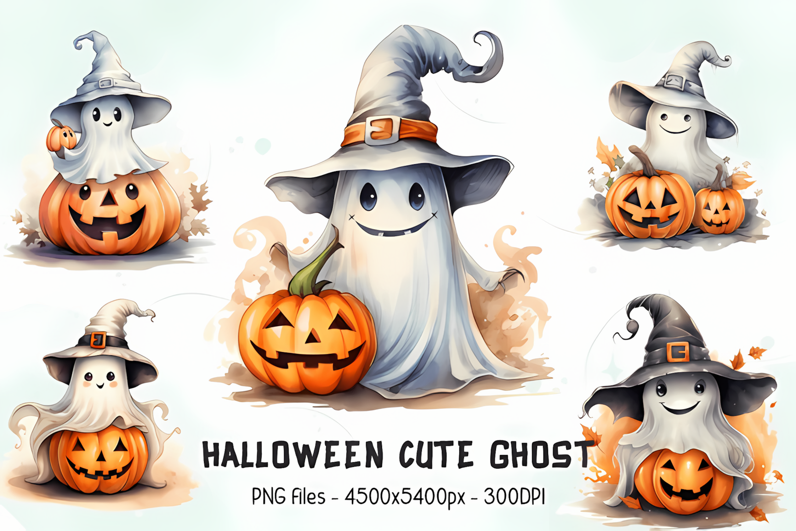 cute watercolor ghost png illustration with transparent background for halloween crafts