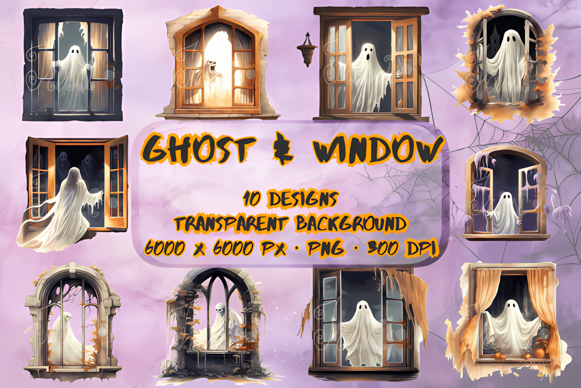 retro halloween ghost png illustration with scary ghost at window