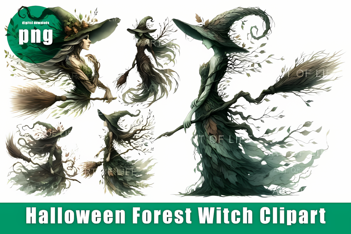 Mystical forest watercolor halloween witch clipart isolated on transparent background for print projects