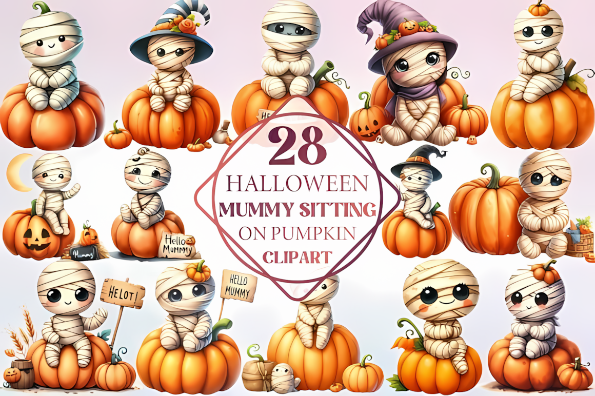 cute halloween pumpkin clipart with mummy character